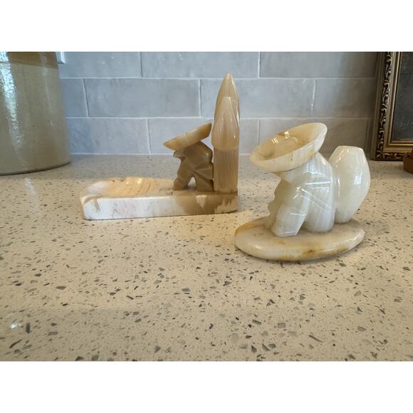 Pair Vintage Alabaster Stone Mexican Folk Art Figures Hats Incense Trinket Dish - Picture 15 of 16